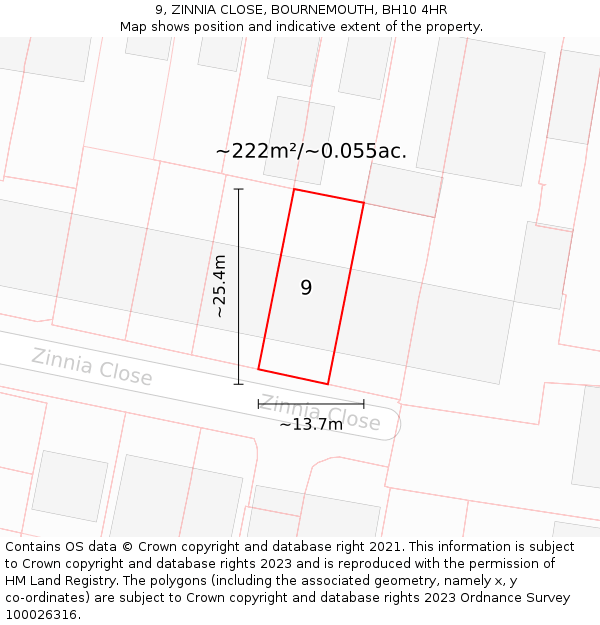 9, ZINNIA CLOSE, BOURNEMOUTH, BH10 4HR: Plot and title map