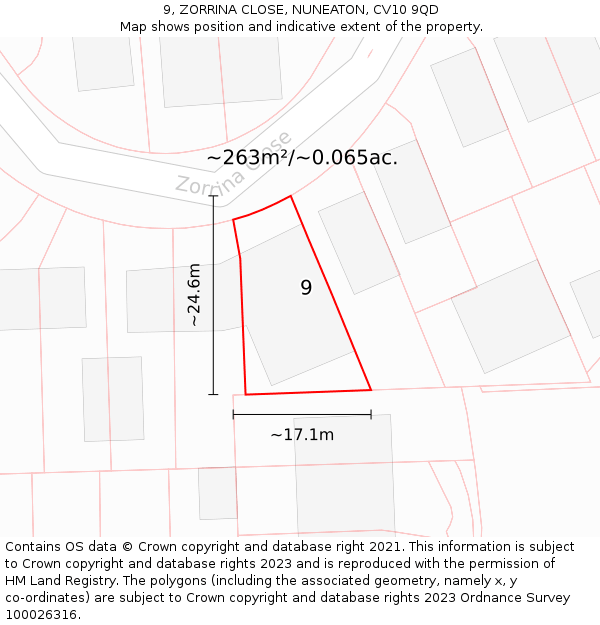 9, ZORRINA CLOSE, NUNEATON, CV10 9QD: Plot and title map