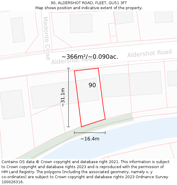 90, ALDERSHOT ROAD, FLEET, GU51 3FT: Plot and title map