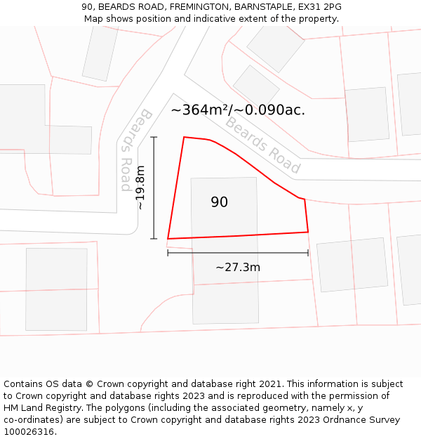 90, BEARDS ROAD, FREMINGTON, BARNSTAPLE, EX31 2PG: Plot and title map