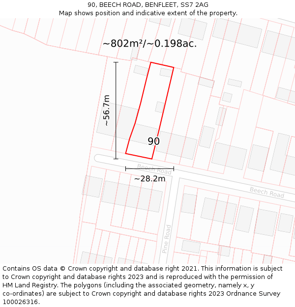 90, BEECH ROAD, BENFLEET, SS7 2AG: Plot and title map