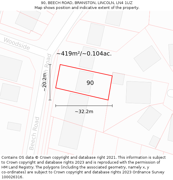 90, BEECH ROAD, BRANSTON, LINCOLN, LN4 1UZ: Plot and title map