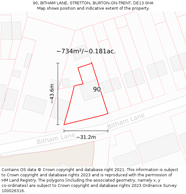 90, BITHAM LANE, STRETTON, BURTON-ON-TRENT, DE13 0HA: Plot and title map