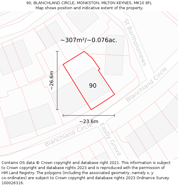 90, BLANCHLAND CIRCLE, MONKSTON, MILTON KEYNES, MK10 9FL: Plot and title map