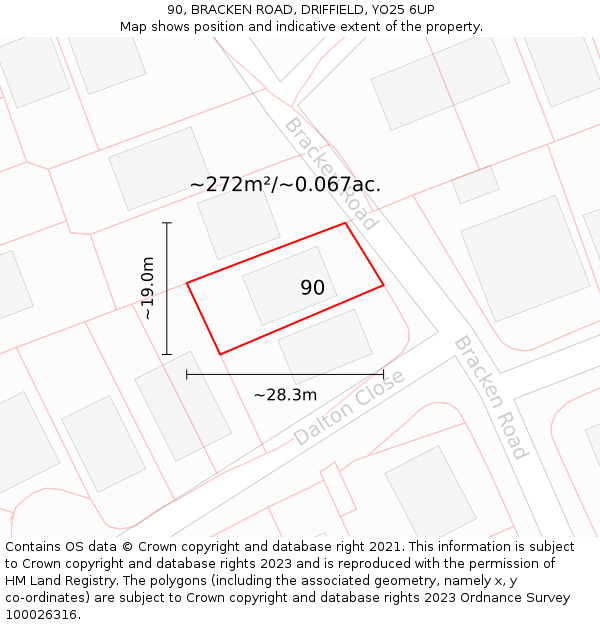90, BRACKEN ROAD, DRIFFIELD, YO25 6UP: Plot and title map