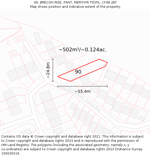 90, BRECON RISE, PANT, MERTHYR TYDFIL, CF48 2EF: Plot and title map