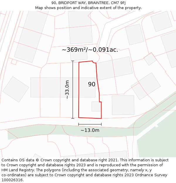 90, BRIDPORT WAY, BRAINTREE, CM7 9FJ: Plot and title map