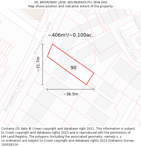 90, BROADWAY LANE, BOURNEMOUTH, BH8 0AG: Plot and title map