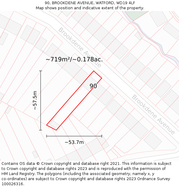 90, BROOKDENE AVENUE, WATFORD, WD19 4LF: Plot and title map