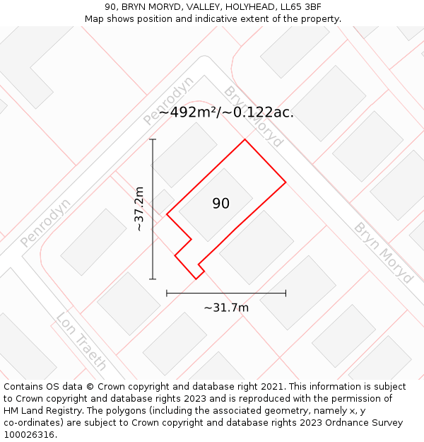 90, BRYN MORYD, VALLEY, HOLYHEAD, LL65 3BF: Plot and title map