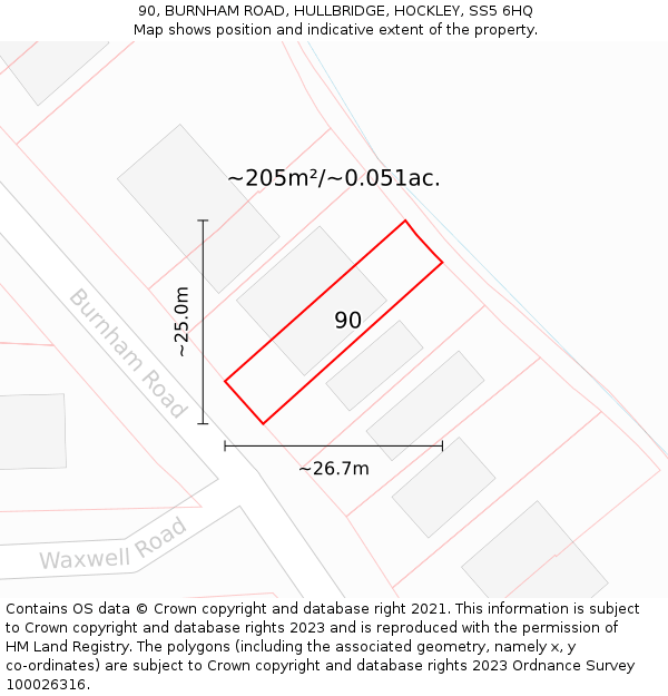 90, BURNHAM ROAD, HULLBRIDGE, HOCKLEY, SS5 6HQ: Plot and title map