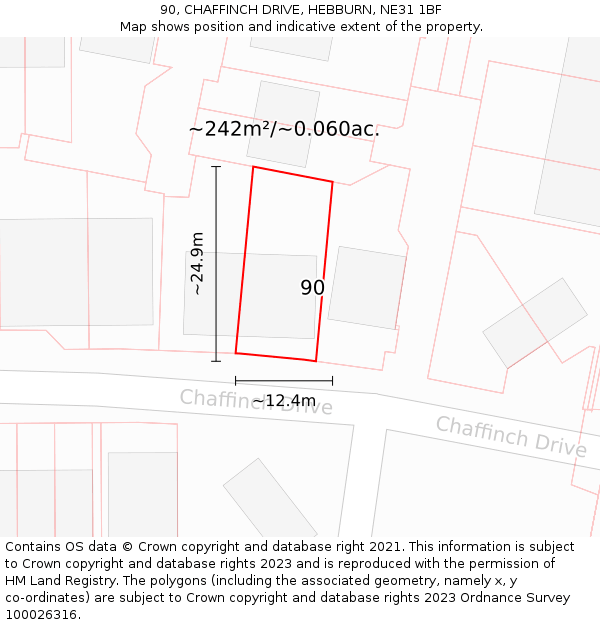 90, CHAFFINCH DRIVE, HEBBURN, NE31 1BF: Plot and title map