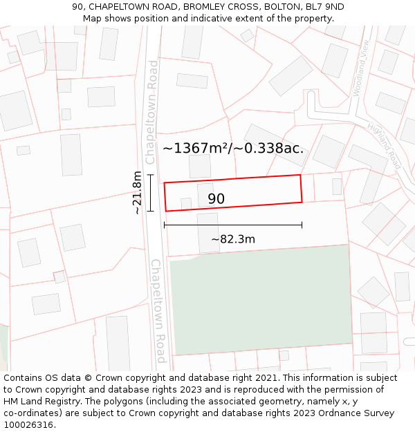 90, CHAPELTOWN ROAD, BROMLEY CROSS, BOLTON, BL7 9ND: Plot and title map