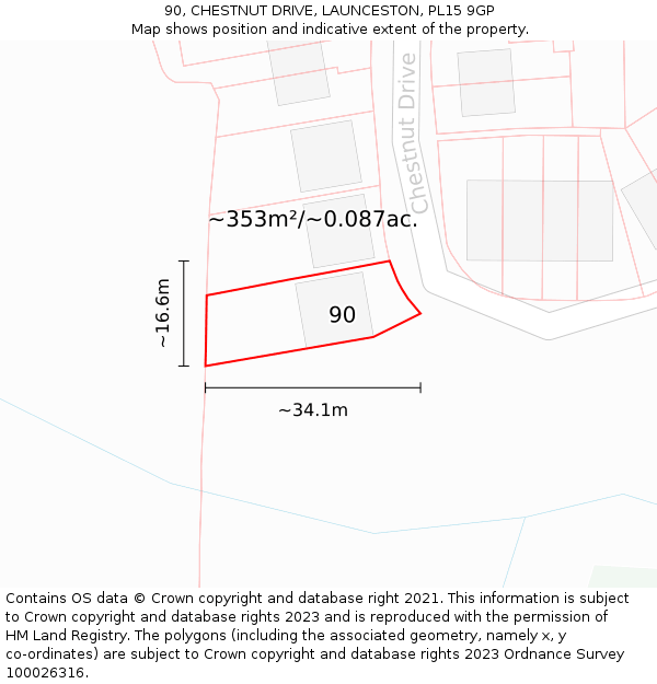 90, CHESTNUT DRIVE, LAUNCESTON, PL15 9GP: Plot and title map