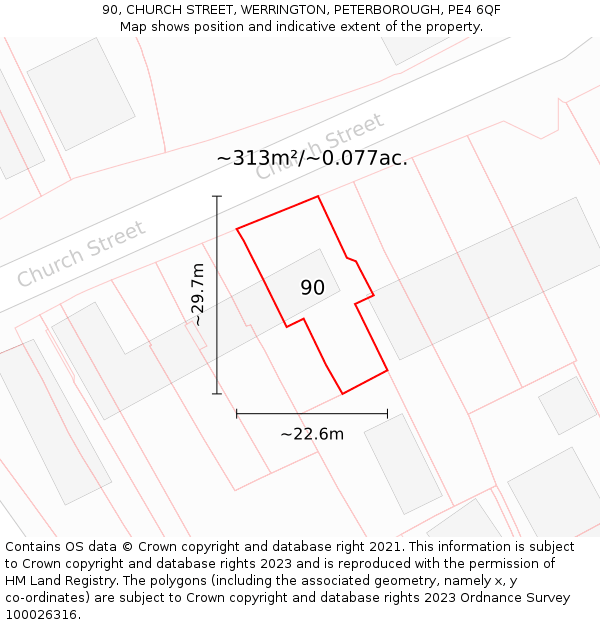 90, CHURCH STREET, WERRINGTON, PETERBOROUGH, PE4 6QF: Plot and title map