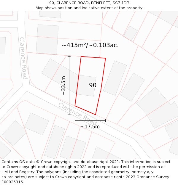 90, CLARENCE ROAD, BENFLEET, SS7 1DB: Plot and title map