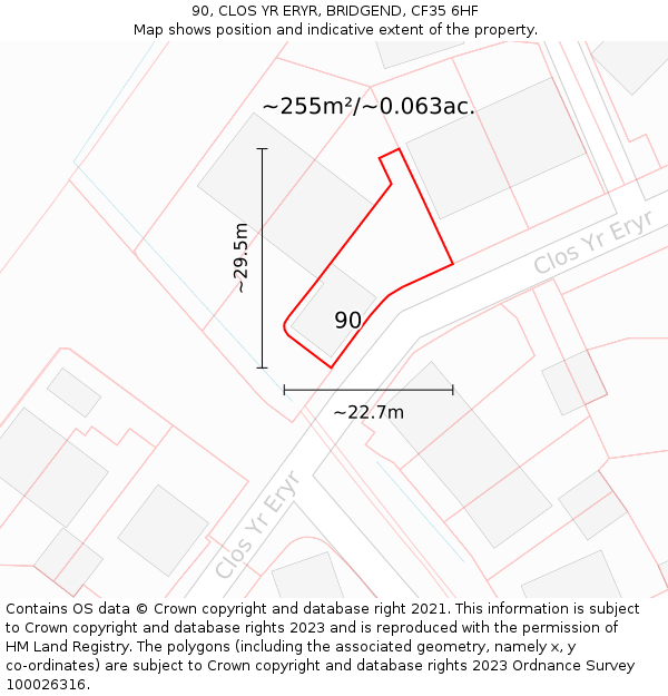 90, CLOS YR ERYR, BRIDGEND, CF35 6HF: Plot and title map