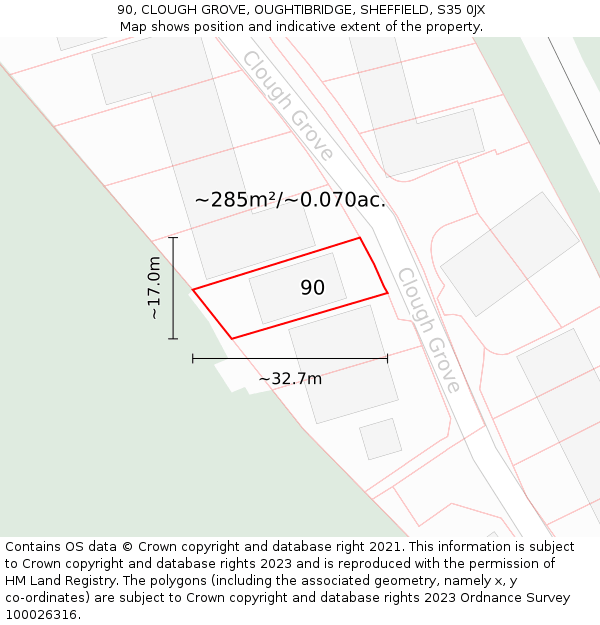 90, CLOUGH GROVE, OUGHTIBRIDGE, SHEFFIELD, S35 0JX: Plot and title map