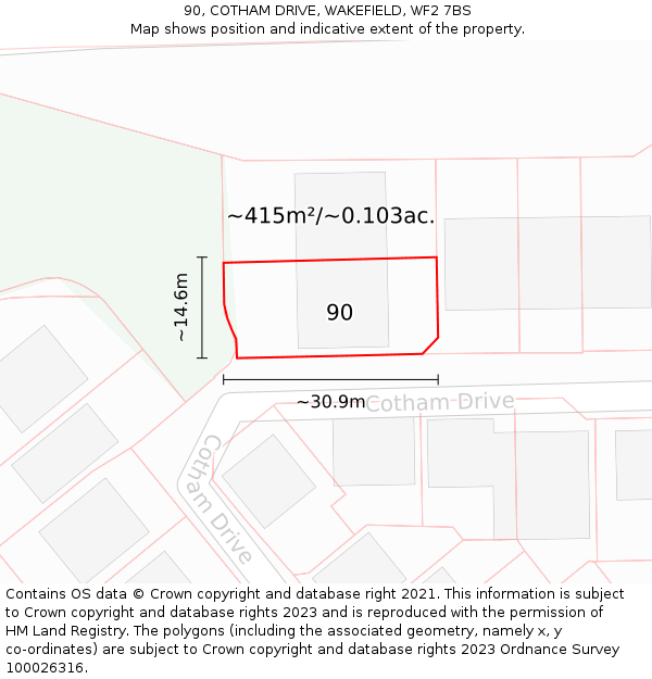 90, COTHAM DRIVE, WAKEFIELD, WF2 7BS: Plot and title map