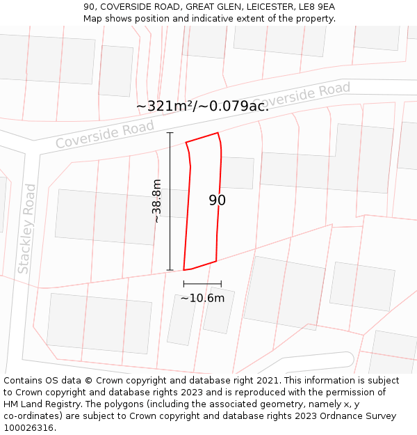 90, COVERSIDE ROAD, GREAT GLEN, LEICESTER, LE8 9EA: Plot and title map