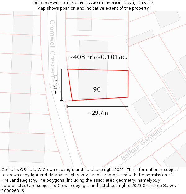 90, CROMWELL CRESCENT, MARKET HARBOROUGH, LE16 9JR: Plot and title map
