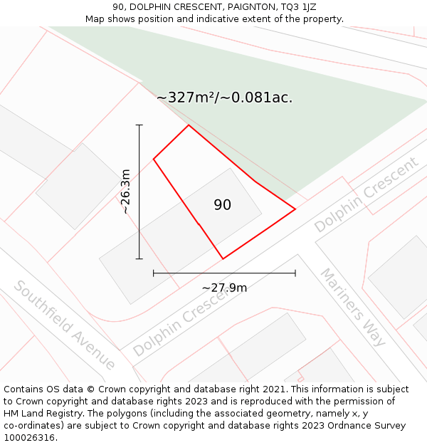 90, DOLPHIN CRESCENT, PAIGNTON, TQ3 1JZ: Plot and title map
