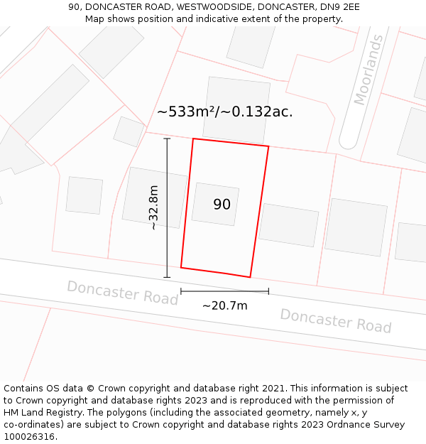 90, DONCASTER ROAD, WESTWOODSIDE, DONCASTER, DN9 2EE: Plot and title map