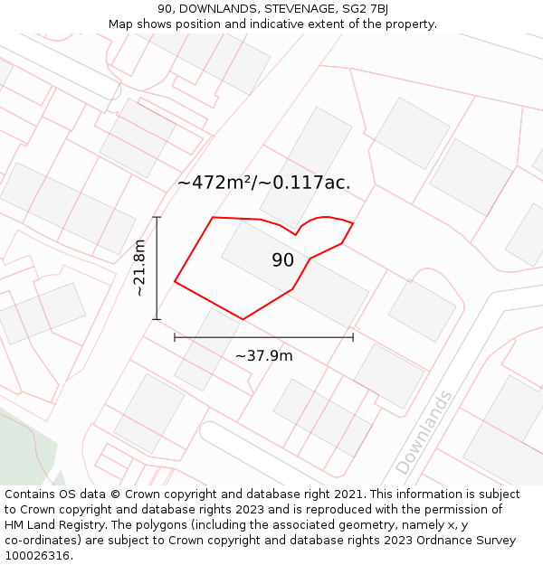 90, DOWNLANDS, STEVENAGE, SG2 7BJ: Plot and title map