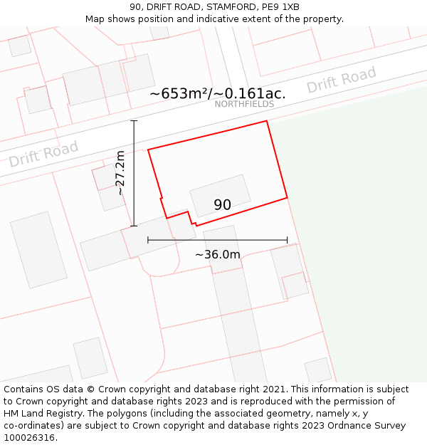 90, DRIFT ROAD, STAMFORD, PE9 1XB: Plot and title map