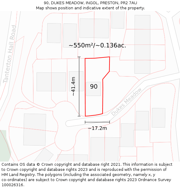 90, DUKES MEADOW, INGOL, PRESTON, PR2 7AU: Plot and title map