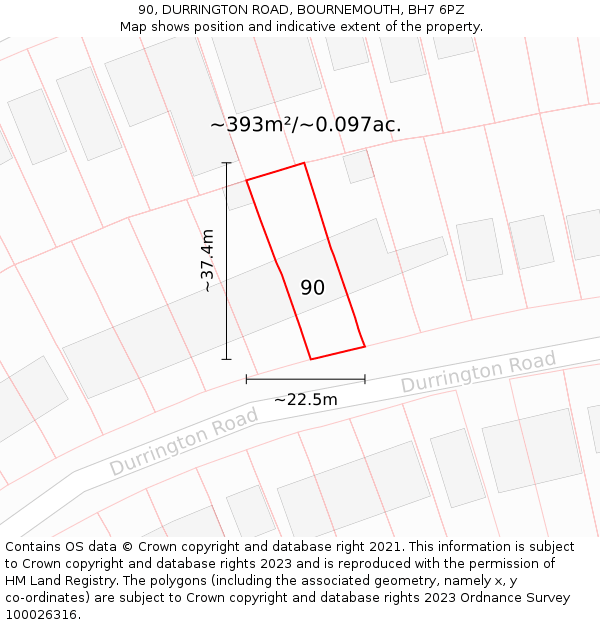 90, DURRINGTON ROAD, BOURNEMOUTH, BH7 6PZ: Plot and title map