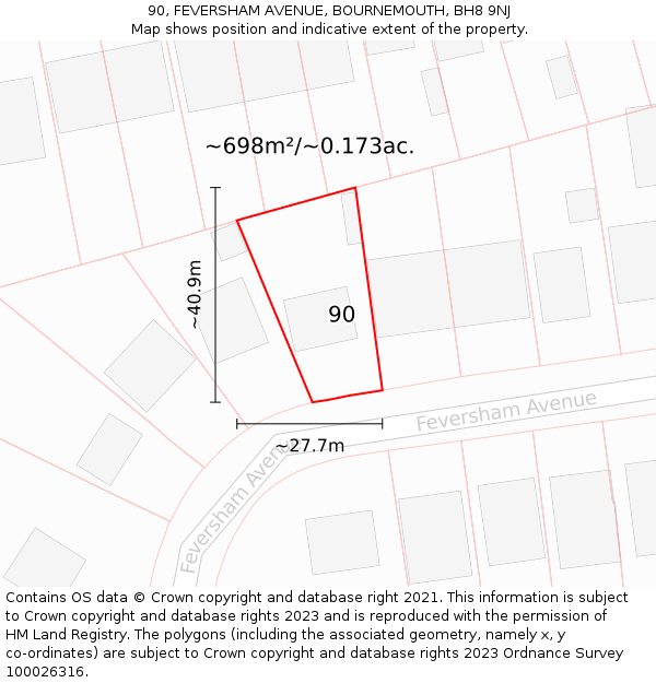 90, FEVERSHAM AVENUE, BOURNEMOUTH, BH8 9NJ: Plot and title map