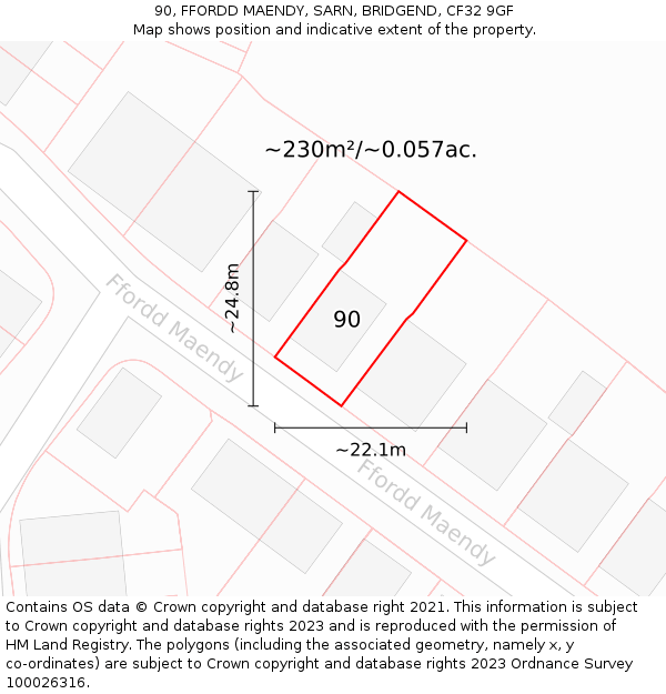 90, FFORDD MAENDY, SARN, BRIDGEND, CF32 9GF: Plot and title map