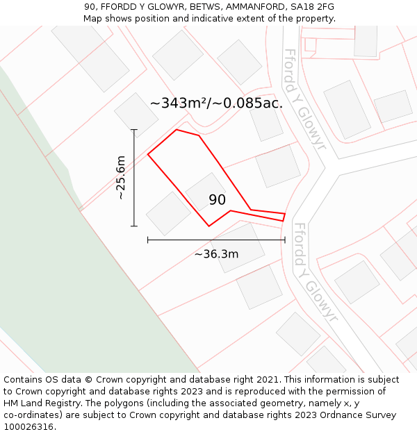90, FFORDD Y GLOWYR, BETWS, AMMANFORD, SA18 2FG: Plot and title map