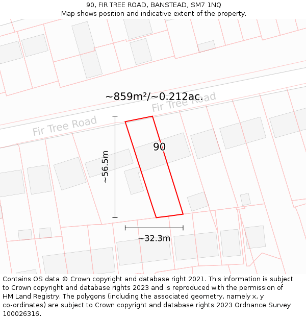 90, FIR TREE ROAD, BANSTEAD, SM7 1NQ: Plot and title map
