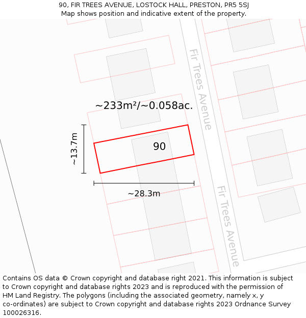 90, FIR TREES AVENUE, LOSTOCK HALL, PRESTON, PR5 5SJ: Plot and title map