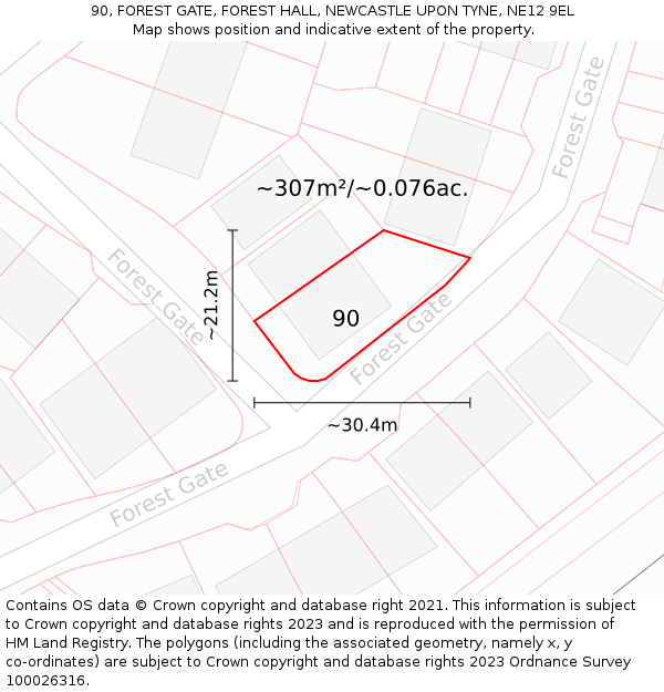 90, FOREST GATE, FOREST HALL, NEWCASTLE UPON TYNE, NE12 9EL: Plot and title map
