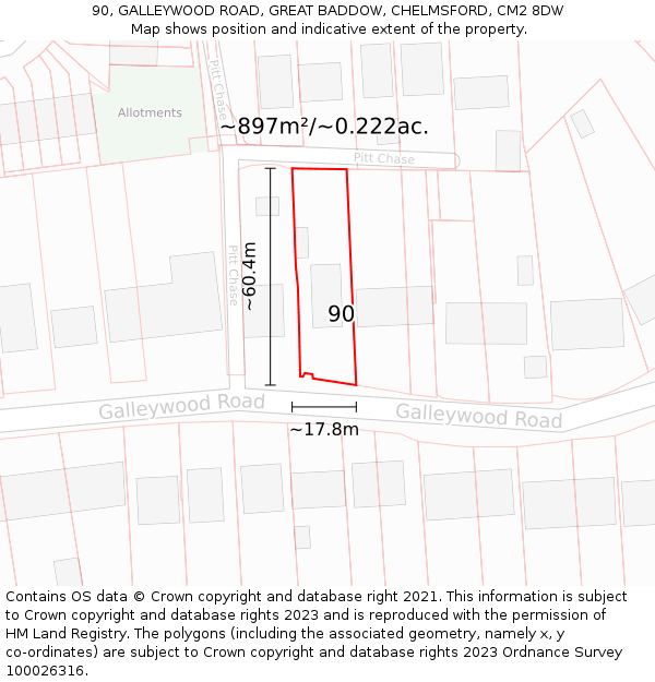 90, GALLEYWOOD ROAD, GREAT BADDOW, CHELMSFORD, CM2 8DW: Plot and title map