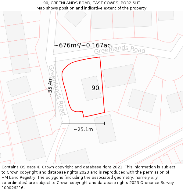 90, GREENLANDS ROAD, EAST COWES, PO32 6HT: Plot and title map