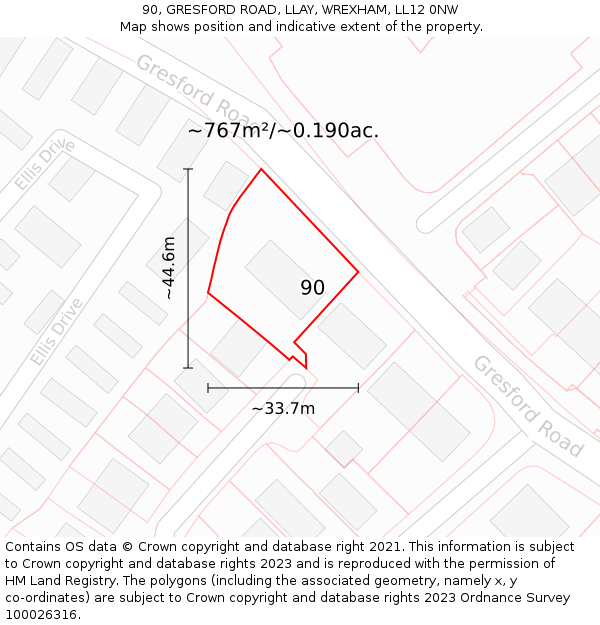 90, GRESFORD ROAD, LLAY, WREXHAM, LL12 0NW: Plot and title map