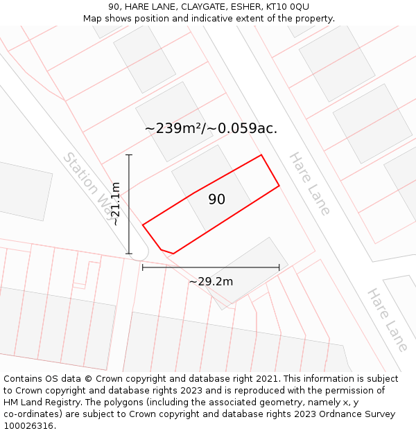 90, HARE LANE, CLAYGATE, ESHER, KT10 0QU: Plot and title map