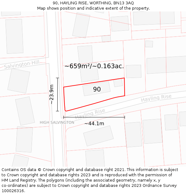 90, HAYLING RISE, WORTHING, BN13 3AQ: Plot and title map