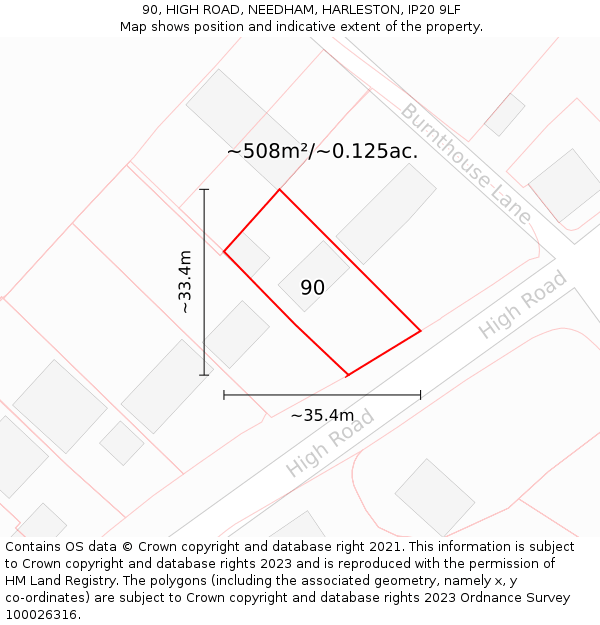 90, HIGH ROAD, NEEDHAM, HARLESTON, IP20 9LF: Plot and title map