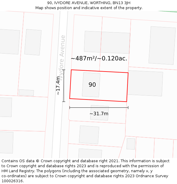 90, IVYDORE AVENUE, WORTHING, BN13 3JH: Plot and title map