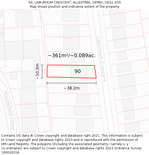 90, LABURNUM CRESCENT, ALLESTREE, DERBY, DE22 2GS: Plot and title map