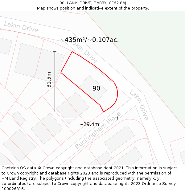 90, LAKIN DRIVE, BARRY, CF62 8AJ: Plot and title map