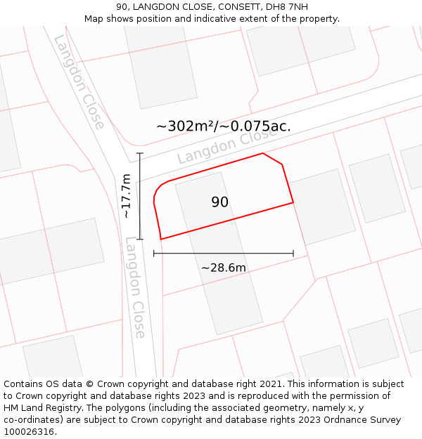 90, LANGDON CLOSE, CONSETT, DH8 7NH: Plot and title map