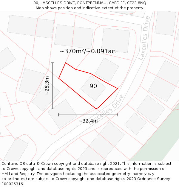 90, LASCELLES DRIVE, PONTPRENNAU, CARDIFF, CF23 8NQ: Plot and title map
