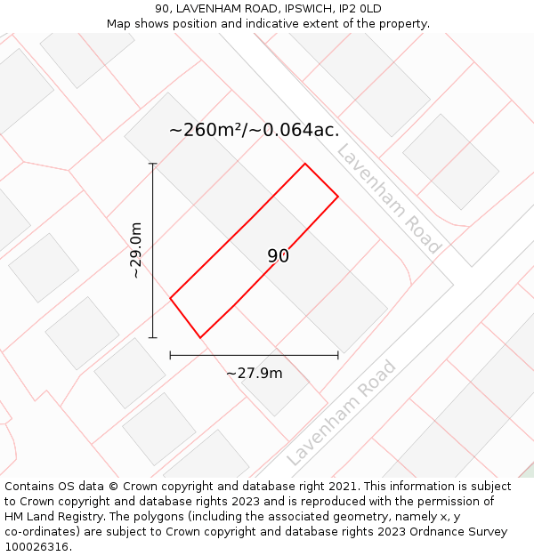 90, LAVENHAM ROAD, IPSWICH, IP2 0LD: Plot and title map