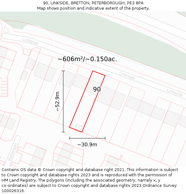 90, LINKSIDE, BRETTON, PETERBOROUGH, PE3 8PA: Plot and title map